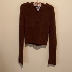 Cozy Chocolate Brown Hooded Henley Sweater Soft Plush Knit Cottagecore Boho M